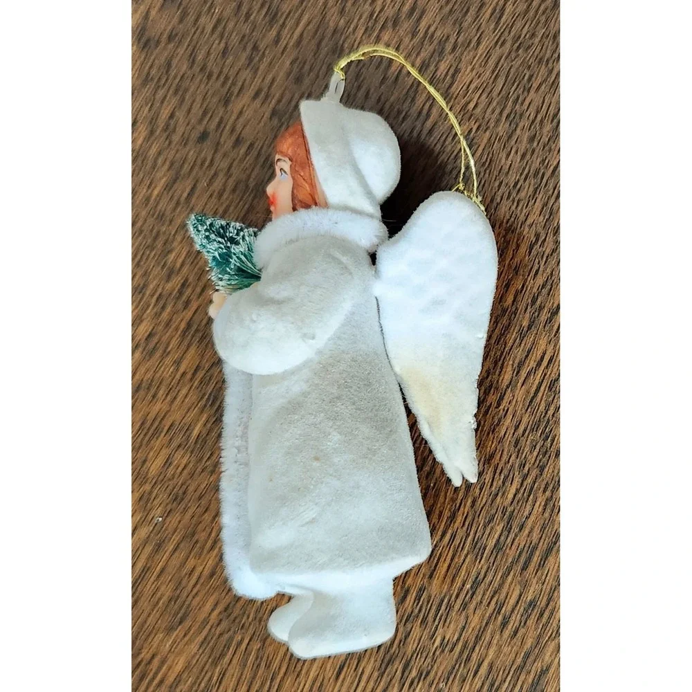 Christmas Tree Ornament Angel Holding‎ Tree Flocked Vintage Holiday Decoration